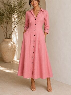 KHUSHI Pink Linen Button-Front Maxi Dress by Subhai Apparel